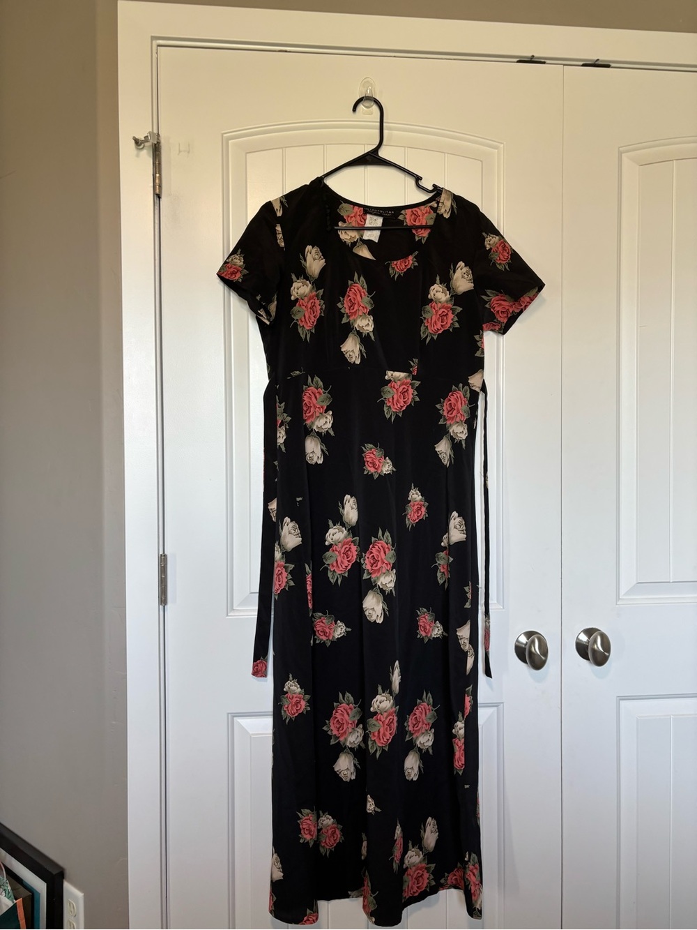 90s vintage Black Floral Midi Empire-Waist Dress